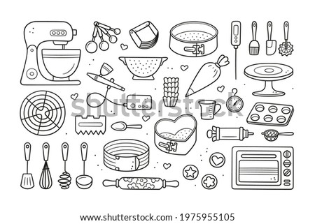 A set of tools for making cakes, cookies and pastries. Doodle confectionery tools - planetary stationary dough mixer, baking pans, measuring spoons. Hand drawn vector illustration on white background.