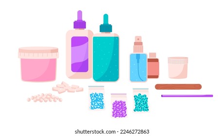 Conjunto de herramientas para hacer diapositivas de estilo plano, ilustración vectorial aislada en fondo blanco. Ingredientes coloridos para mezclar, crear proceso de juguete, receta. Juguete casero