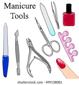 A set of tools for manicure. Hand drawing manicure tools. Vector illustration. Isolated vector manicure tools object.
