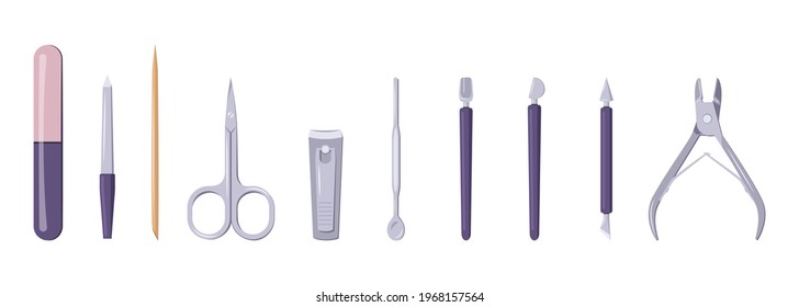 A set of tools for manicure and pedicure. Scissors, tweezers and nail file icons. Elements for beauty salon and hand and finger care at home. Vector flat illustration
