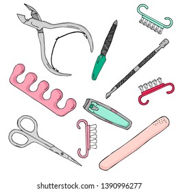 A set of tools for manicure: scissors, nail file, pliers, nippers, brushes, nail polish. linear hand drawing. Vector over white background.