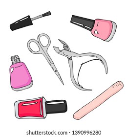 A set of tools for manicure: scissors, nail file, iptsy, nail polish. linear hand drawing. Vector over white background.
