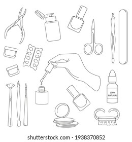 Set of tools for manicure. A variety of tools for the master of manicure in the style of doodle. Design element, icons, print.