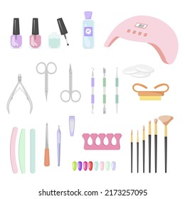 Set of tools for manicure. Varnish, scissors, nail file, scraper, wire cutters. Vector illustration.