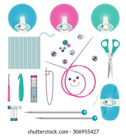 Set  of tools and materials for hand knitting. Vector illustration.  