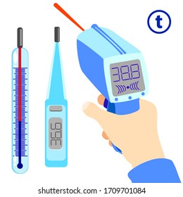 A Set Of Tools For Measuring The Heat Of The Human Body In A Flat Style. Vector Temperature Screening Devices. Laser, Electronic And Mercury Thermometer On A White Background. Stock Illustration.