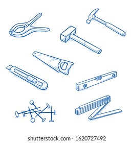 Set Of Tools, As Meter Bar, Sledge Hammer, Nails, Bubble Level, Saw And Cutter. Hand Drawn Line Art Cartoon Vector Illustration.