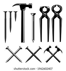 Set of tools in monochrome style. Hummer, pliers, nails, screws. Design element for logo, label, sign, poster, emblem. Vector illustration