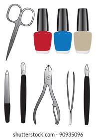 A set of tools and nail polish. Vector illustration.