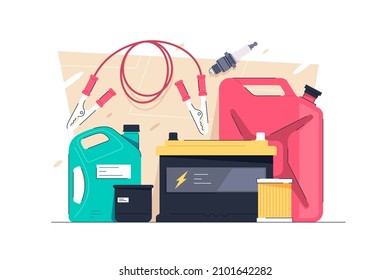 Conjunto de herramientas necesarias para la reparación de coches, ilustraciones vectoriales inesperadas. Kit de herramientas esenciales en un estilo plano de auto. Mantenimiento de coches, concepto de paro de pozos