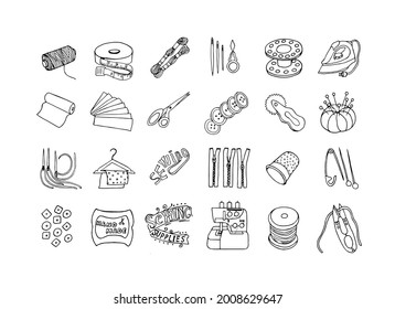 Un conjunto de herramientas para el trabajo de agujas en el estilo garabato. Accesorios de coser, EPS10 vectorial.
