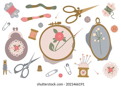 Set of tools for needlework, embroidery, sewing. Floss threads, needles, hoops, scissors, buttons, bobbin needle and other tools for creative hobby. Flat vector graphics.