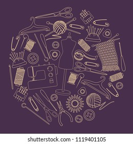 Set of tools for needlework and sewing. Handmade equipment and needlework accessoriesy, line cartoon illustration. Vector