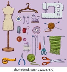 Set of tools for needlework and sewing. Handmade equipment and needlework accessoriesy, sketch illustration. Vector