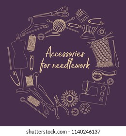 Set of tools for needlework and sewing. Handmade equipment and needlework accessoriesy, line cartoon illustration. Vector