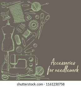 Set of tools for needlework and sewing. Handmade equipment and needlework accessoriesy, sketch illustration. Vector