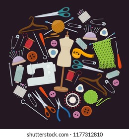 Set of tools for needlework and sewing. Handmade equipment and needlework accessoriesy, cartoon illustration. Vector