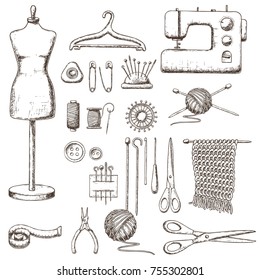 Set of tools for needlework and sewing. Handmade equipment and needlework accessoriesy, sketch illustration. Vector