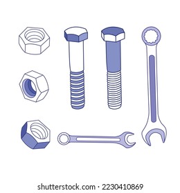 A set of tools: nuts, wrenches, screws. Isolated vector image. Suitable for creating ads, promotions, labels, design.