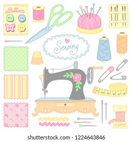 A set of tools and objects for sewing and handmade. Cute illistrations at cartoon style isolated on white background