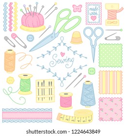 A set of tools and objects for sewing and handmade. Cute illistrations at cartoon style isolated on white background