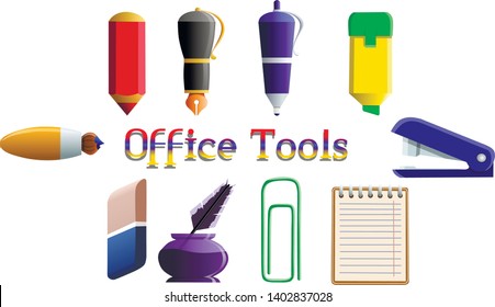 A set of tools for the office. Pens for writing, pencil, paper clip, stapler, notebook, brush, marker, eraser. Vector illustration on white background.