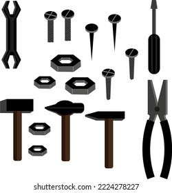 Set of tools on white background. Collection with nuts, nails, bolt, screwdriver, wrench, different types of hammers and pliers.