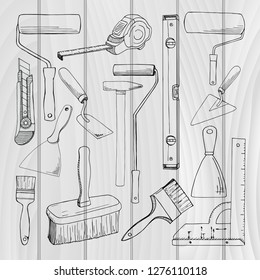 Set tools painting  building.  Different tools isolated on white background. Hand drawn vector illustration of a sketch style.