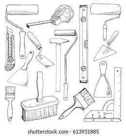 Set tools painting  building.  Different tools isolated on white background. Hand drawn vector illustration of a sketch style.