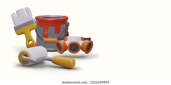 Set of tools for painting. Large selection of equipment, paints, primers. Repair of premises. Poster for store of building materials on light background