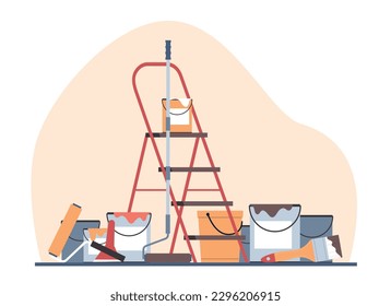 Set of tools for painting walls, painting work paint, stepladder, brush and roller. Change surface color, construction finishing works, cartoon isolated composition. Vector renovation concept