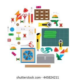 Set with tools for patchwork. contain the mounting mat, round knife, hoop, sewing machine. Vector flat.