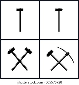 Set  of Tools for Percussion Works, Isolated,  Claw Hammer, Crossed Hammer and Sledgehammer, Crossed Pickaxe and Sledgehammer, Hand Tool with a Hard Head, Vector Illustration