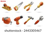 Set of tools. Planer, saw, pliers, screwdriver, vise, drill, hammer, adjustable wrench. 3d vector cartoon icons