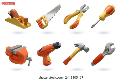 Set of tools. Planer, saw, pliers, screwdriver, vise, drill, hammer, adjustable wrench. 3d vector cartoon icons