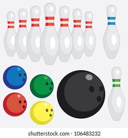 Set of tools for play bowling on the white background.