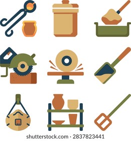 Set of tools and pottery items for craft and construction work
