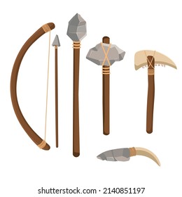 Set tools of prehistoric man.  Stone age. Hummer, bow, arrow, axe, knife.Cartoon style.