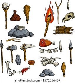 Set of tools of primitive man. Caveman weapons and items for hunting. torch, knife, skull of animal, wooden club, staff of the shaman, spear, axe, hammer, meat, bones, statue. Cartoon illustration