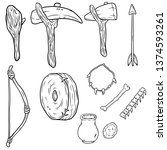 Set of tools of primitive prehistoric man hunter. caveman lifestyle. Hand-drawn illustration. Club, stone axe, pickaxe, bow and arrow for hunting, stone wheel, pitcher, bones and necklace of teeth.