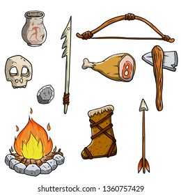 Set of tools of primitive prehistoric man hunter. Caveman lifestyle. Cartoon Hand-drawn illustrations. Bow, arrow, axe, animal meat, skull, jug, fire, bone, skin clothes.