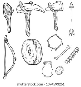Set of tools of primitive prehistoric man hunter. caveman lifestyle. Hand-drawn illustration. Club, stone axe, pickaxe, bow and arrow for hunting, stone wheel, pitcher, bones and necklace of teeth.