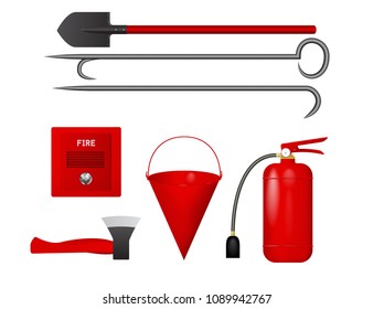 A set of tools to protect from fire. Vector illustration. Fire extinguisher, bucket, axe, shovel, crowbar, fire detector