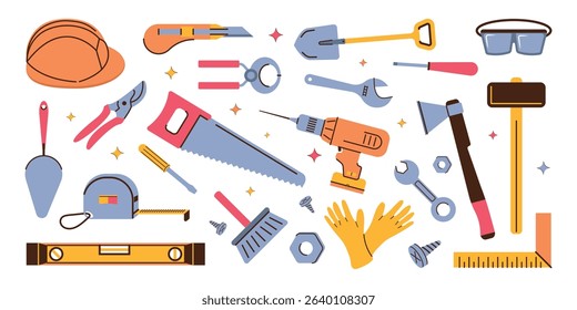 A set of tools and protective equipment for repair and construction on a white background. Vector illustration.