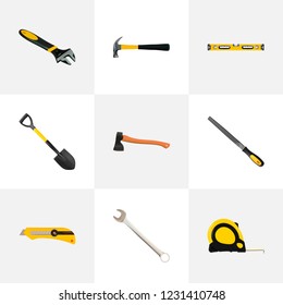 Set of tools realistic symbols with bubble level, shovel, cutter and other icons for your web mobile app logo design.