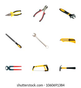 Set of tools realistic symbols with hacksaw, hammer, rasp file and other icons for your web mobile app logo design.