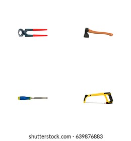 Set Of Tools Realistic Symbols Also Includes Pliers, Tool, Hacksaw Objects.