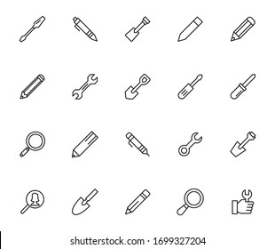 Satz von Tools, die Vektorlinien-Symbole enthalten. Premium-Paket mit linearen Symbolen. Vektorgrafik einzeln auf weißem Hintergrund. Web-Symbole für Webseiten und mobile App. Trendloses Design. 
