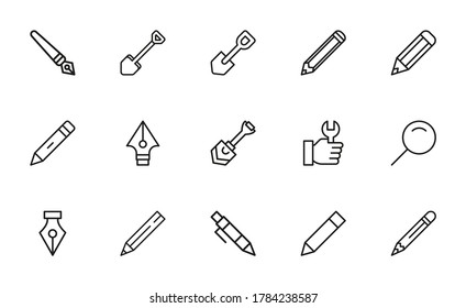 Conjunto de herramientas relacionadas con iconos de línea vectorial. Paquete de símbolos lineales premium. Ilustración vectorial aislada en un fondo blanco. Símbolos web para sitios web y aplicaciones móviles. Diseño de moda.