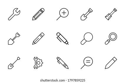 Conjunto de herramientas relacionadas con iconos de línea vectorial. Paquete de símbolos lineales premium. Ilustración vectorial aislada en un fondo blanco. Símbolos web para sitios web y aplicaciones móviles. Diseño de moda.